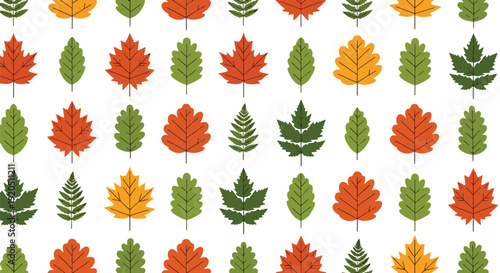 Seamless forest leaves vector illustration pattern featuring oak, maple, and fern foliage in bold flat style with solid colors and clean shapes for textile, wallpaper, and eco packaging design