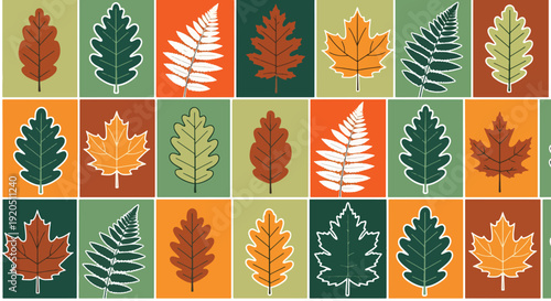 Seamless forest leaves vector illustration pattern featuring oak, maple, and fern foliage in bold flat style with solid colors and clean shapes for textile, wallpaper, and eco packaging design