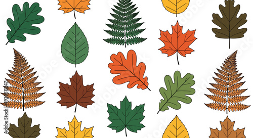Seamless forest leaves vector illustration pattern featuring oak, maple, and fern foliage in bold flat style with solid colors and clean shapes for textile, wallpaper, and eco packaging design