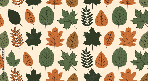 Seamless forest leaves vector illustration pattern featuring oak, maple, and fern foliage in bold flat style with solid colors and clean shapes for textile, wallpaper, and eco packaging design