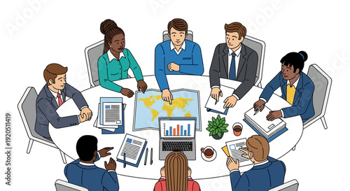 Diverse business team collaborating around conference table with laptop and documents