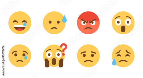 Collection of Diverse Emoji Faces Expressing Happiness, Sadness, Anger, Surprise, and Confusion on Isolated White Background