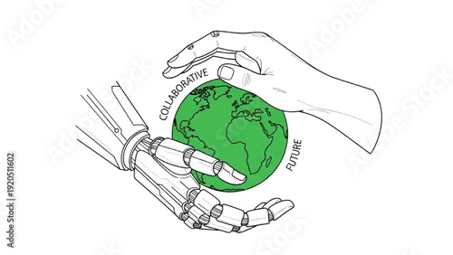 Black outline art of green Earth cradled by robotic and human hands together, collaborative future theme