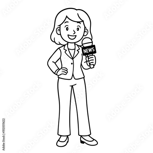 Bright and cheerful vector illustration of a female news reporter in a white blazer and slacks, holding a microphone labeled 'NEWS' with a friendly smile, ideal for media, journalism, and communicatio