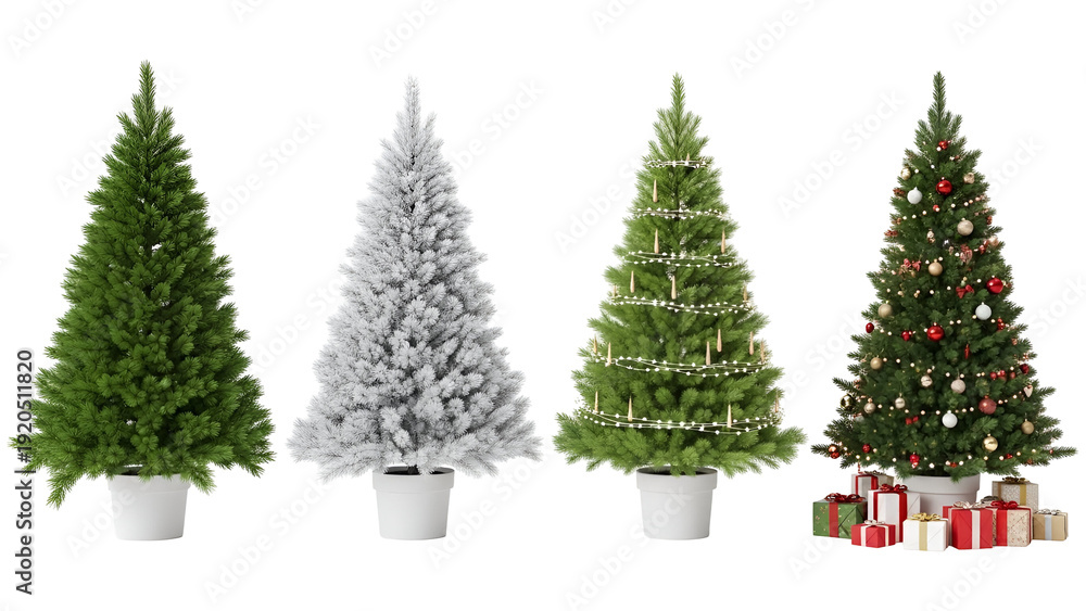 Fototapeta premium Four distinct christmas trees in various styles and colors isolated on transparent background