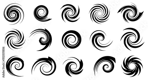 Dynamic Black Spiral and Vortex Shape Icon Set, Isolated White Background