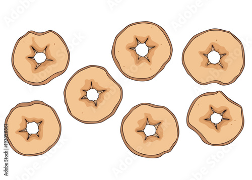 Seven cut logs arranged in a scattered pattern on a white background.