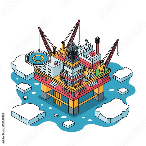Isometric illustration of an offshore oil rig in icy waters.