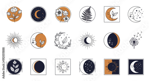 Minimalist Celestial and Botanical Icon Set in Bright Studio
