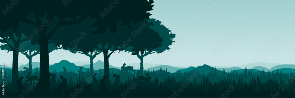 Ταπετσαρία Atmospheric teal horizon with hopping hares and layered mountains with large cop