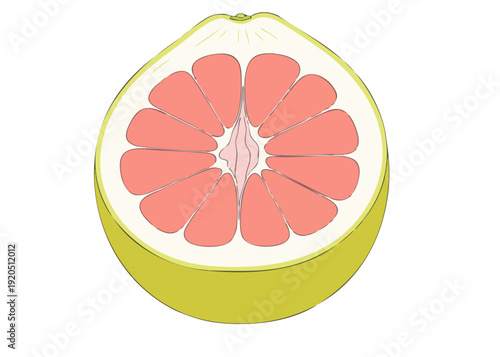 A halved pomelo fruit with pink segments.
