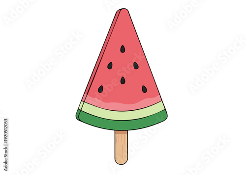 A cartoon illustration of a watermelon popsicle on a stick.