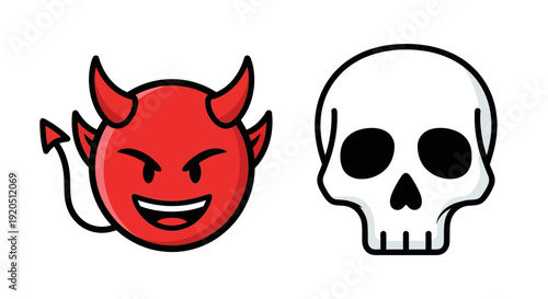 Cartoon Devil Face and Human Skull Outline, Spooky Halloween Symbols on an Isolated White Background.