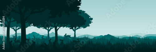 Atmospheric teal horizon with hopping hares and layered mountains with large copy space