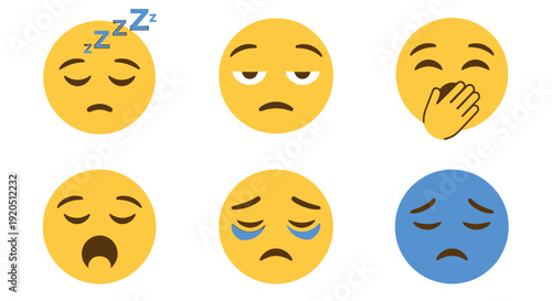 Collection of Emoji Faces Expressing Negative and Subdued Emotions like Sleepiness and Sadness, Isolated White Background.