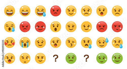 Diverse Collection of Emoji Faces Expressing Various Human Emotions, Isolated White Background.