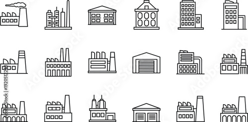 Factory, buildings, industrial, icons, outline, plant, refinery, warehouse, manufacturing, industry, architecture, engineering, infrastructure, production, 