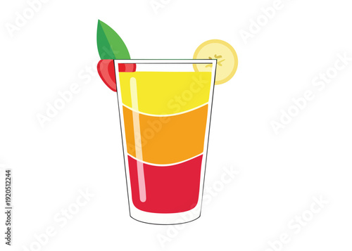 Colorful layered cocktail with fruit garnish in a tall glass.