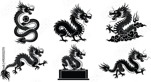 Chinese Dragon Silhouette Collection Traditional Asian Mythical Creature Black Vector Illustration Set