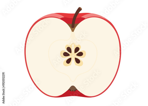 Red apple cut in half revealing the core and seeds inside.