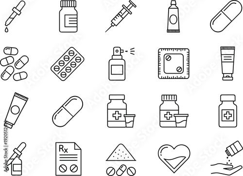 Medical pharmacy outline icons set, medicine drug symbols, healthcare treatment elements, pills injection prescription, minimal line vector illustration collection design