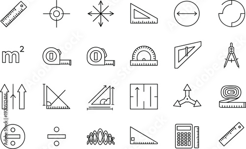 Measurement geometry outline icons set, math tools symbols, ruler compass protractor equipment, engineering calculation elements, minimal line vector illustration collection