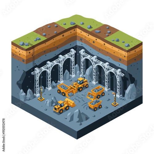 Underground tunnel construction site with heavy machinery and arches.