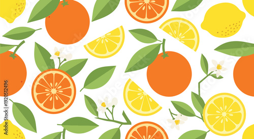 Bright citrus fruit seamless vector illustration pattern with lemon and orange slices in bold flat style and solid colors, ideal for kitchen textile and summer packaging design