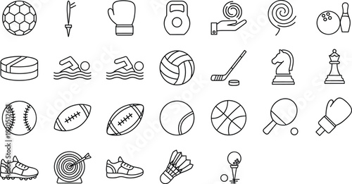 Sports equipment outline icons set, athletic balls and gear collection, fitness activity symbols, minimal line vector illustration for design projects