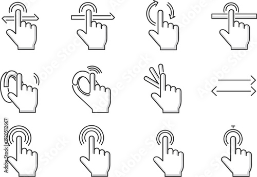 Touch gesture outline icons set, swipe tap interaction symbols, mobile interface navigation, touchscreen hand gestures, minimal line vector illustration collection
