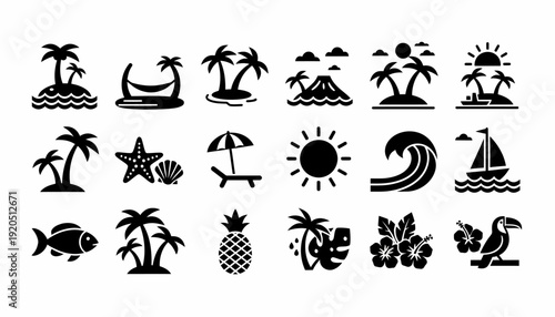 Tropical Vacation Icons: Palm Trees, Beach, Ocean, Sun, Hawaii Symbols