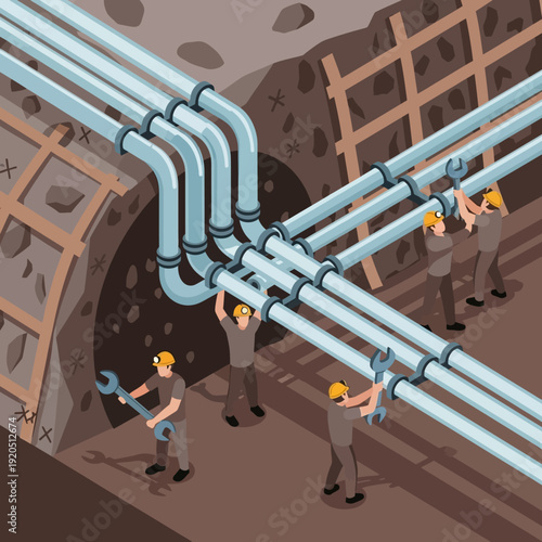 Workers installing pipes in an underground infrastructure project.
