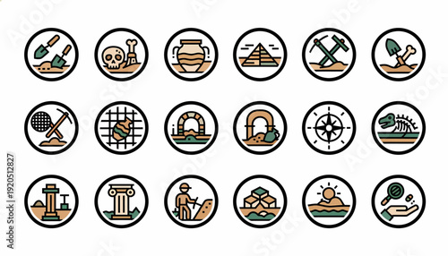 Archaeology Icons: Digging, Artifacts, Pyramids, Fossils, History