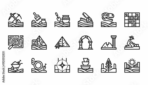 Archaeology Icons Set: Digging, Fossils, Pyramids, Artifacts, Ruins