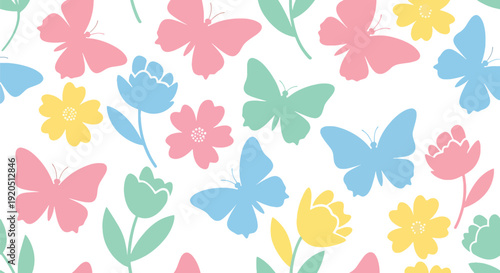 Cheerful butterfly and flower seamless vector illustration pattern in bright flat style with solid colors, ideal for spring textile, wallpaper, nursery, and stationery design