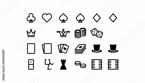 Casino Game Icons: Playing Cards, Dice, Poker Chips, Dominoes, Chess