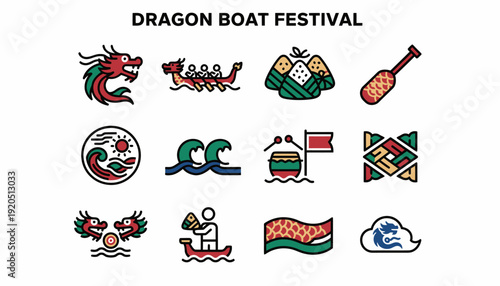 Dragon Boat Festival Icons: Dragon, Race, Zongzi, Oar, Sun, Waves, Drum, Pattern