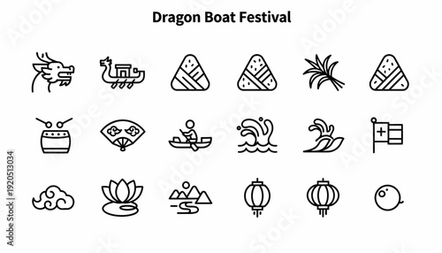 Dragon Boat Festival Icons: Dragon, Boat, Zongzi, Drum, Fan, Lanterns, Lotus