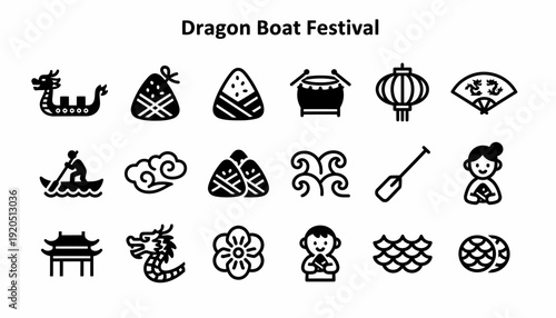 Dragon Boat Festival Icons: Food, Boats, People, Culture, Celebration