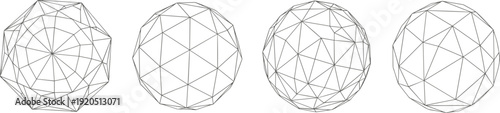 Set of four 3D wireframe spheres, polygonal geometric shapes vector illustrations, abstract digital network structure design elements isolated on white background for technology concept.