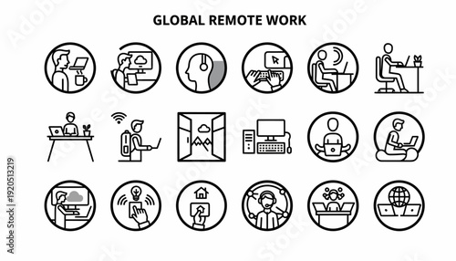 Global Remote Work Icons: Freelance, Home Office, Digital Nomad, Telecommuting