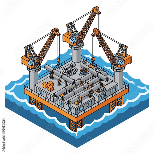 Offshore oil rig platform with cranes in the ocean.
