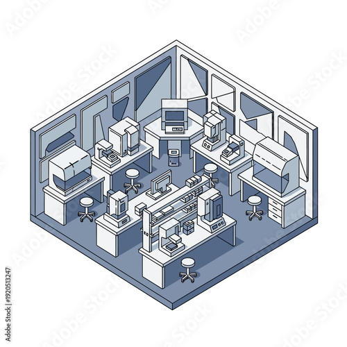 Isometric Laboratory Workspace with Scientific Equipment and Computers.