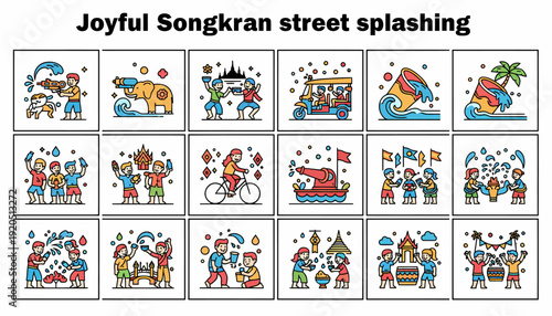 Joyful Songkran Festival: Street Water Splashing Celebration Icons