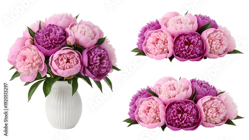 Beautiful bouquet of purple and pink flowers isolated on transparent background