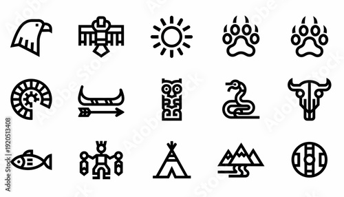 Native American Icons: Eagle, Totem, Teepee, Canoe, Sun, Mountains, Buffalo