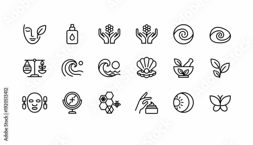 Natural Beauty Skincare Icons Set: Organic, Wellness, and Cosmetics Symbols