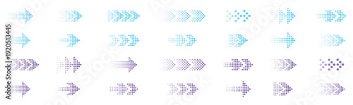 Halftone arrow vector set. Arrow icon. Arrow vector collection. Arrow. Cursor. gradient blue dotted direction symbols pointing to the right. Modern simple arrows. Vector arrow illustration