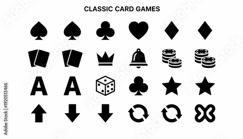 Playing Card Suits Icons, Dice, Crown, Bell, Chips, Arrows, Loop Arrows