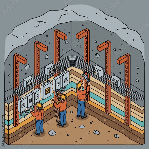 Underground construction site with workers installing electrical panels.